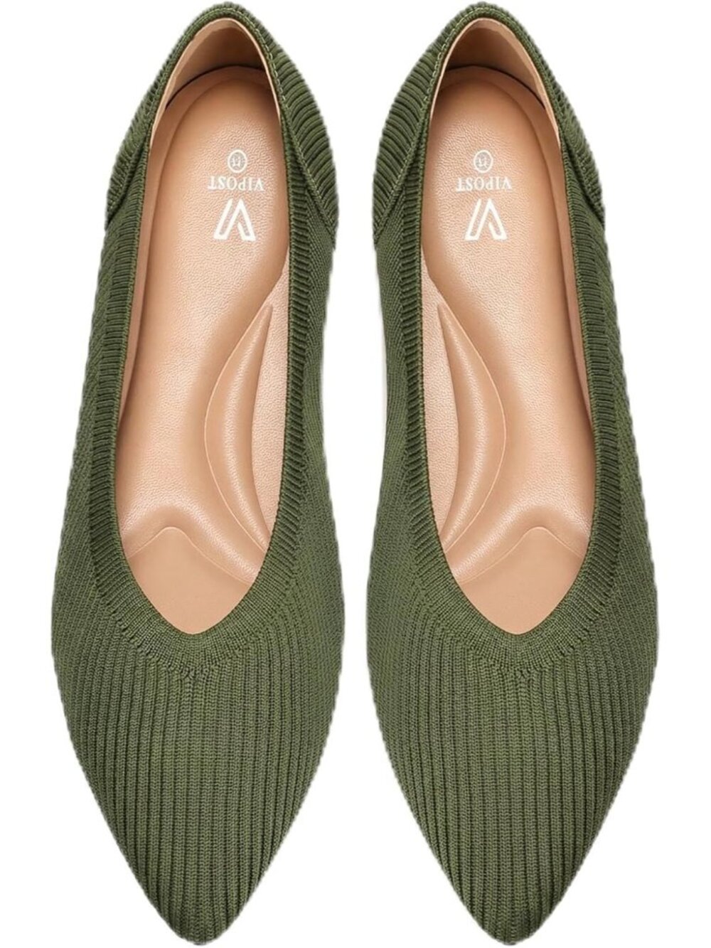 Women's Green Pointed Toe Comfort Foldable Slip On Dressy Knit Ballet Flat Shoes